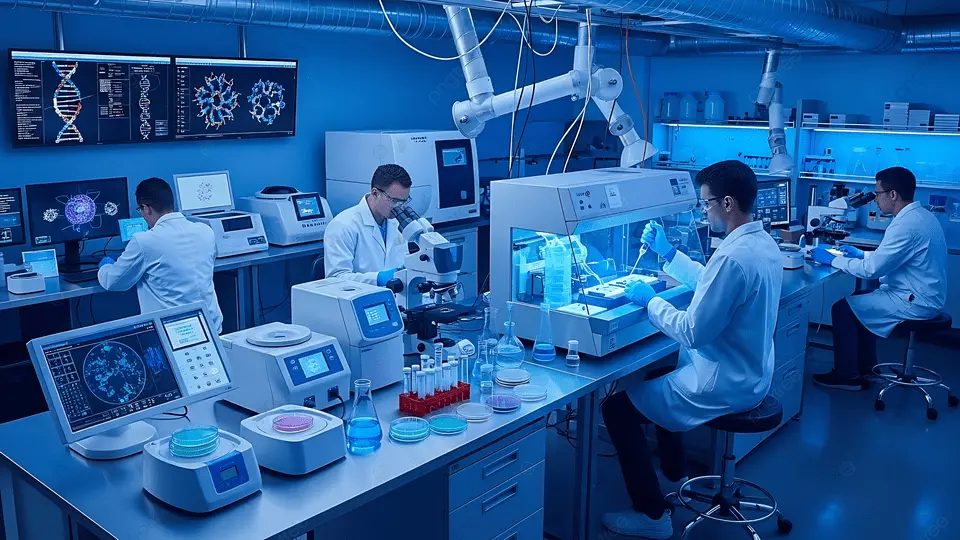 Modern laboratory with advanced equipment and glowing screens